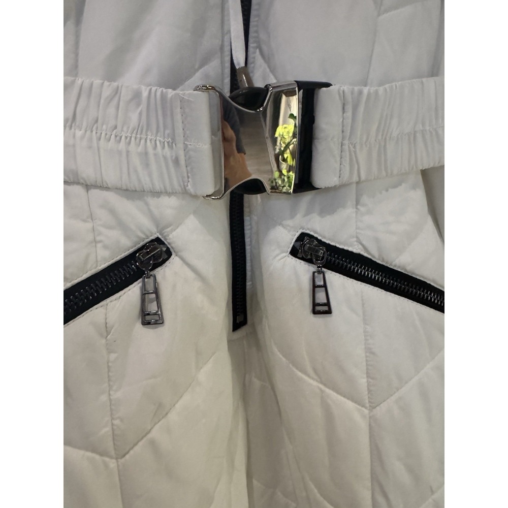 White Black Hooded Ski Snowsuit Faux Fur Belted Zippered Medium SS6 - Picture 3 of 6